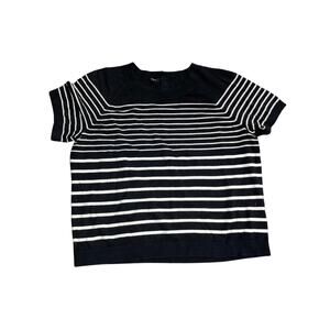 Talbots Black White Striped Top Cotton Blend Blouse SZ L Casual Preppy Nautical